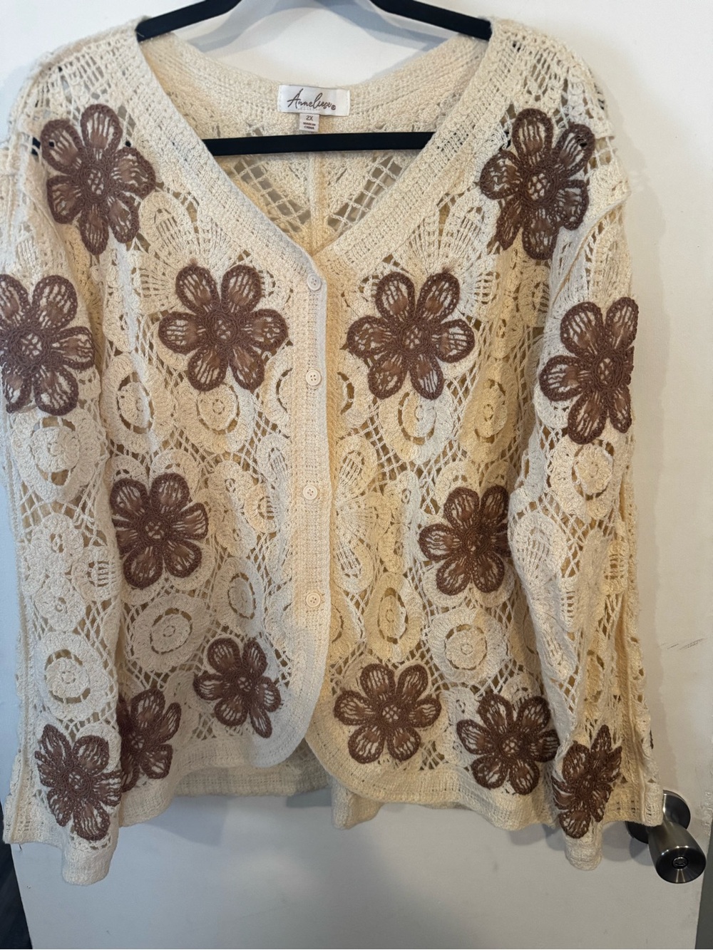 Anneliese Cream Crochet Cardigan with Brown Floral Appliqués - NWOT